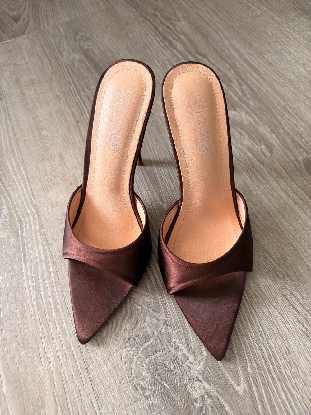 Cape Robbin Brown Pointed Satin Mule Heels